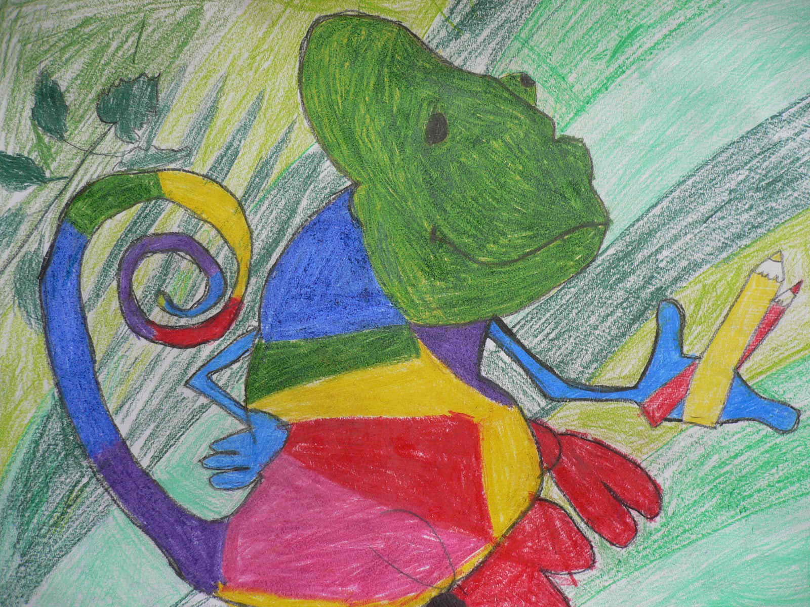 Nakreslený obrázok farebného chameleóna.