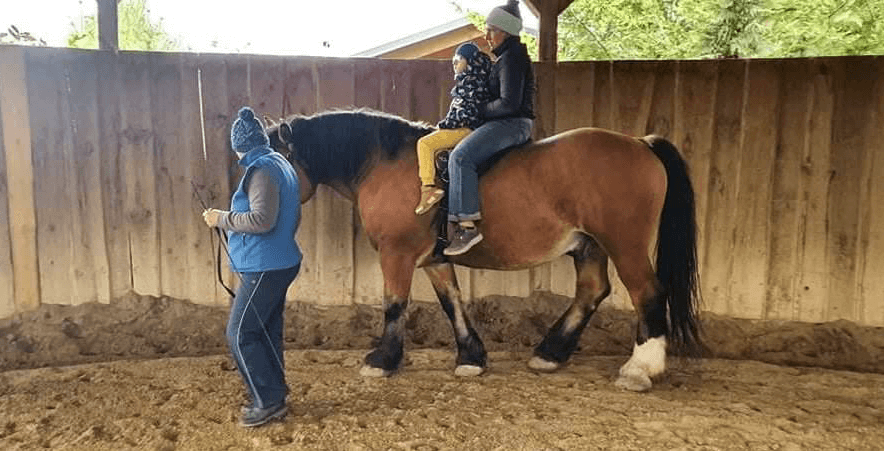 Človek vedúci koňa, na ktorom je dospelý s dieťaťom